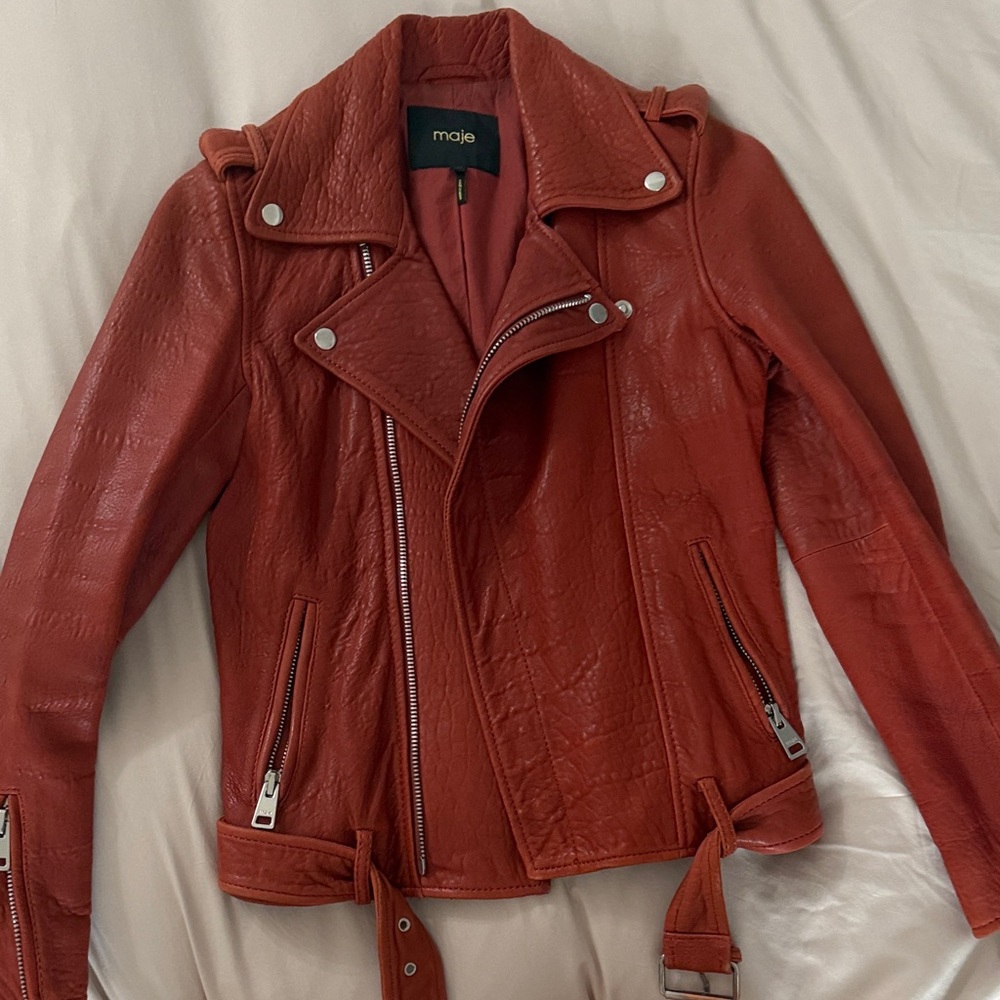 Maje Red / burnt orange Leather Jacket. Beautiful pebble leather.